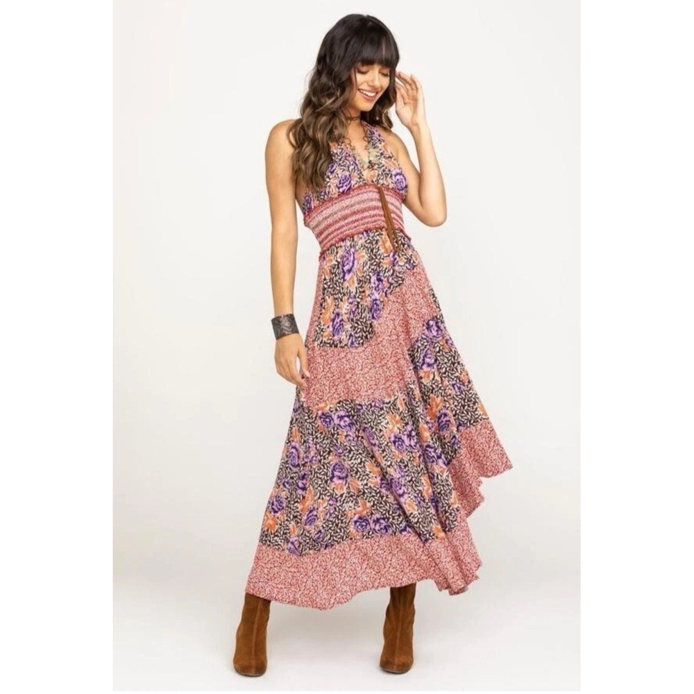 Free People Gabriela Sz S - Red Boho Patchwork Printed Halter Slip Midi Dress